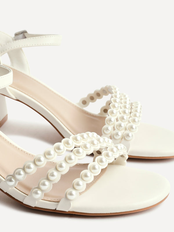Linzi Bridal Ivory Faux Leather Pearl Embellished Heeled Sandals
