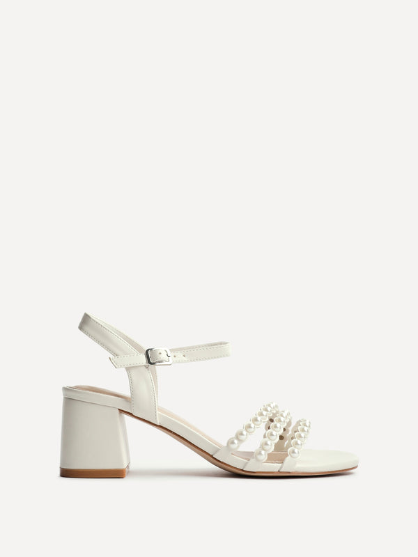 Linzi Bridal Ivory Faux Leather Pearl Embellished Heeled Sandals