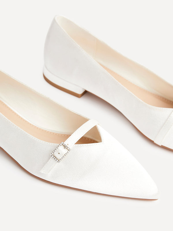 Linzi Bridal Ivory Satin Ballet Flats With Buckle Detail
