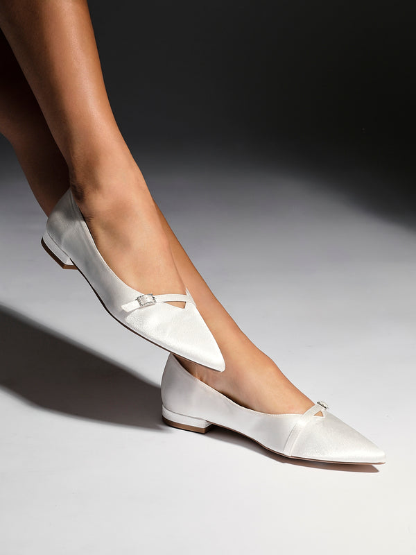 linzi Bridal Ivory Satin Ballet Flats With Buckle Detail