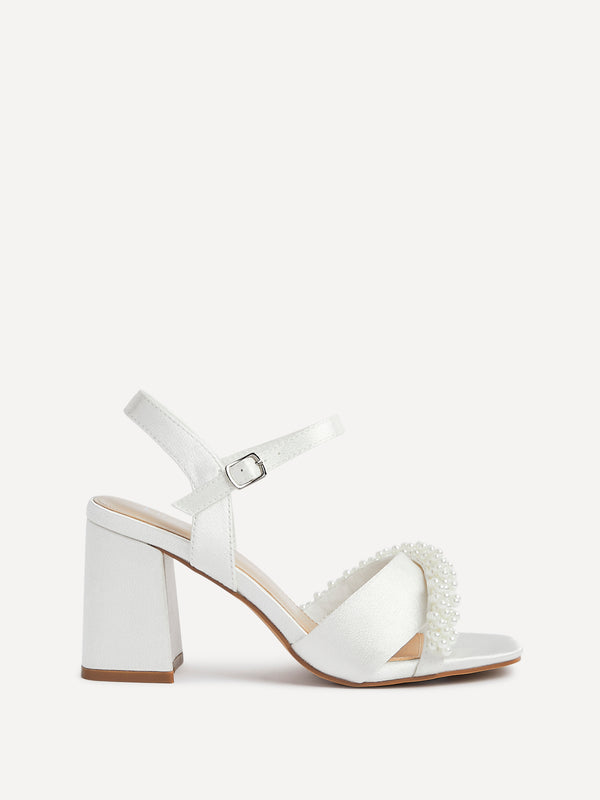 Linzi Bridal Ivory Satin Block Heel With Pearl Embellished Toe Strap