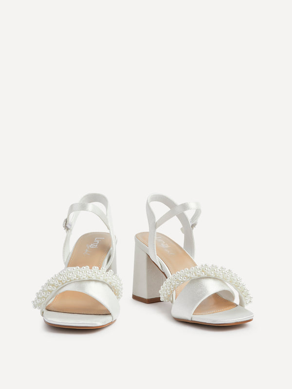 Linzi Bridal Ivory Satin Block Heel With Pearl Embellished Toe Strap