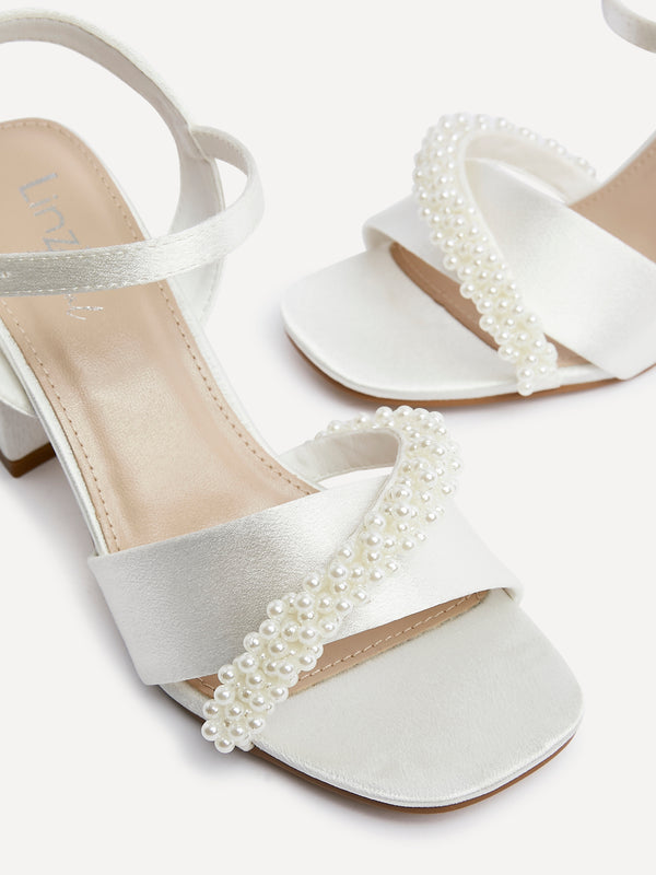 Linzi Bridal Ivory Satin Block Heel With Pearl Embellished Toe Strap