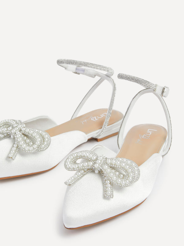 Linzi Bridal Ivory Satin Bow Embellished Flat Mules