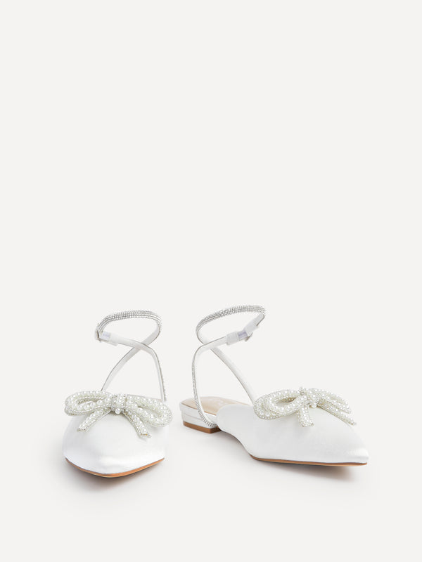Linzi Bridal Ivory Satin Bow Embellished Flat Mules