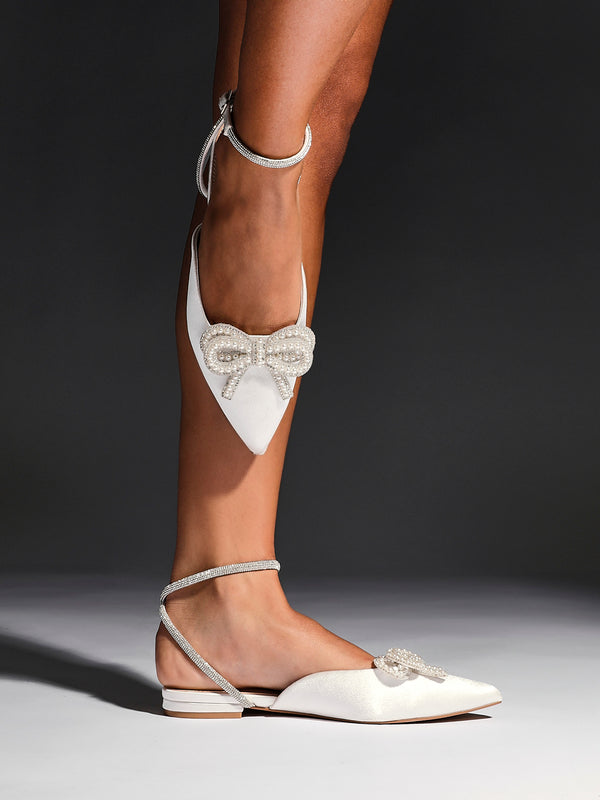 linzi Bridal Ivory Satin Bow Embellished Flat Mules