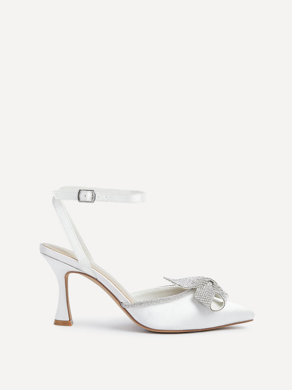 Linzi Bridal Ivory Satin Diamante Bow Detail Court Heel
