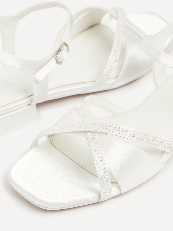 Linzi Bridal Ivory Satin Embellished Low Block Heel Sandals