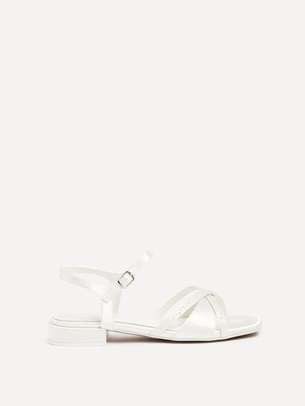 Linzi Bridal Ivory Satin Embellished Low Block Heel Sandals
