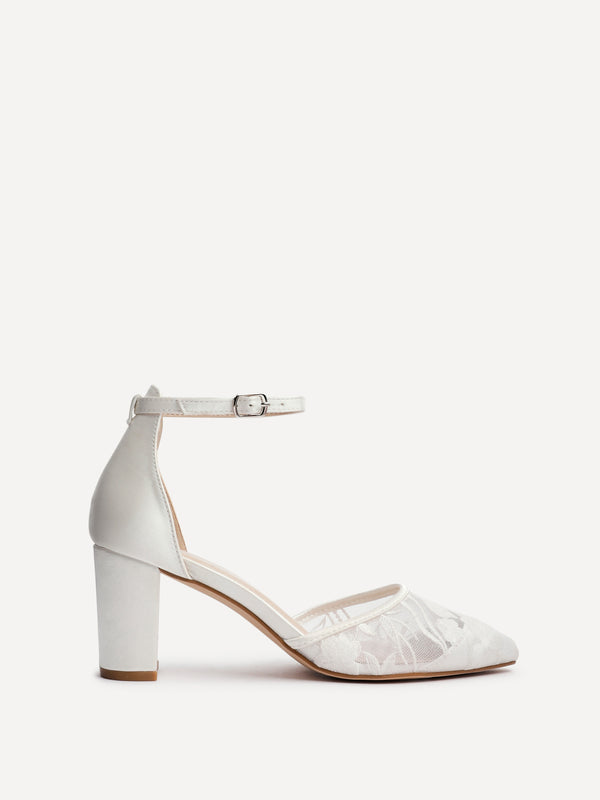 Linzi Bridal Ivory Satin Floral Lace Block Court Heel