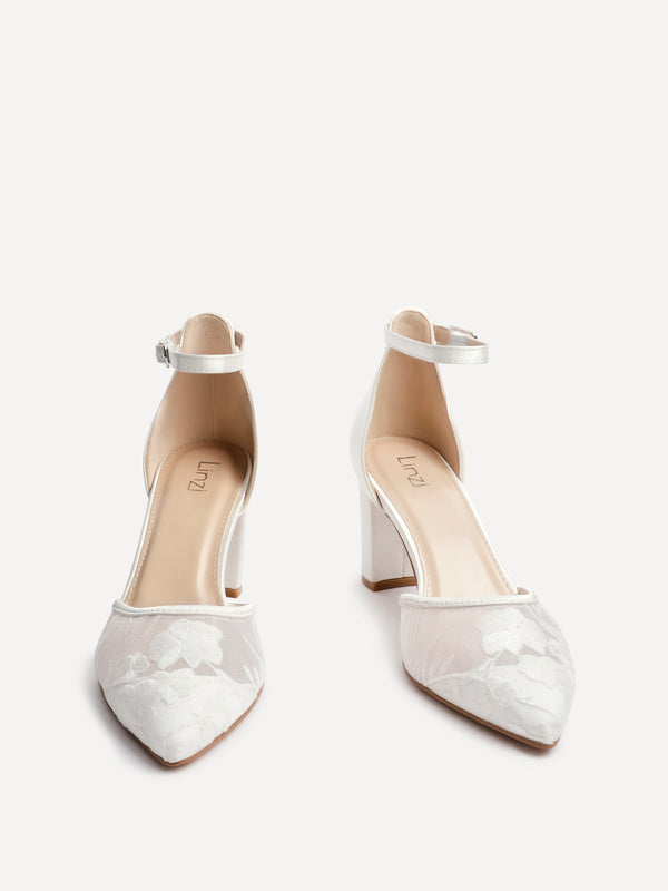Linzi Bridal Ivory Satin Floral Lace Block Court Heel
