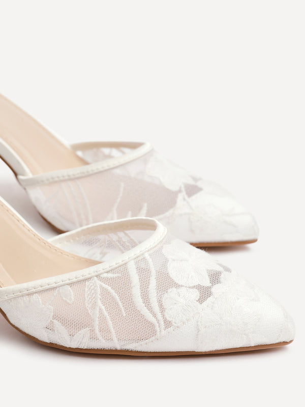 Linzi Bridal Ivory Satin Floral Lace Block Court Heel