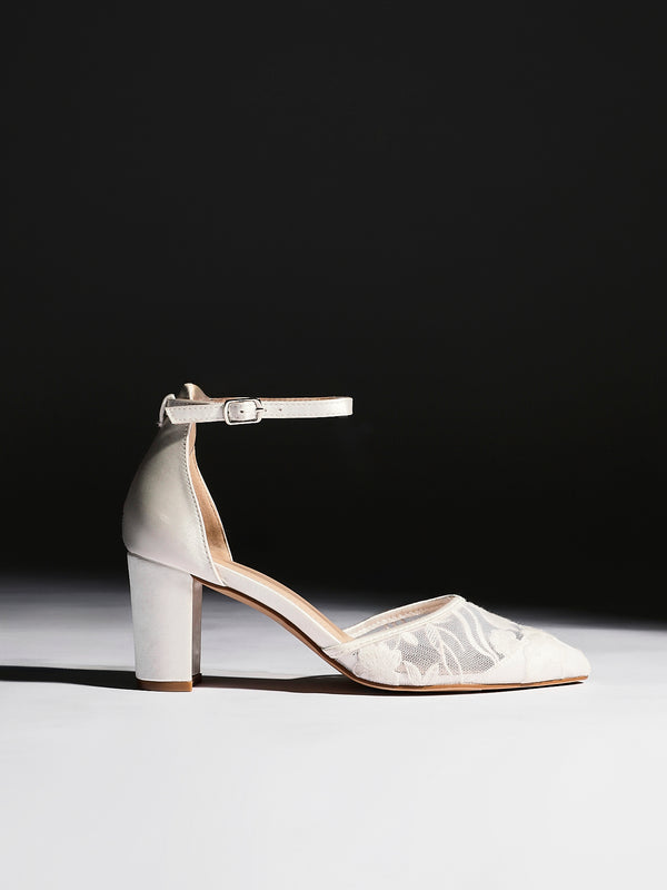 linzi Bridal Ivory Satin Floral Lace Block Court Heel