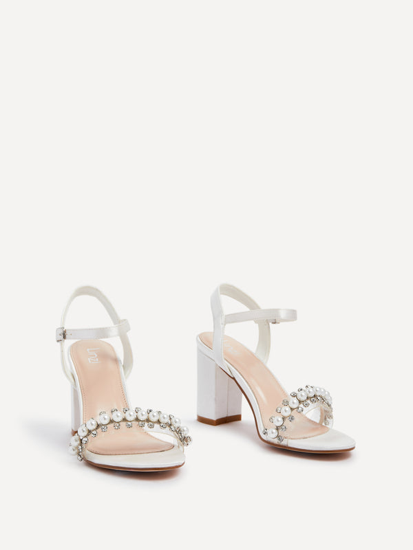 Linzi Bridal Ivory Satin Heeled Sandal With Pearl And Diamante Front Strap