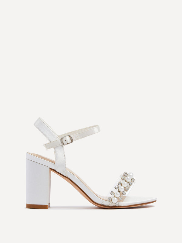 Linzi Bridal Ivory Satin Heeled Sandal With Pearl And Diamante Front Strap
