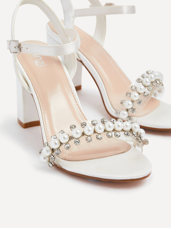 Linzi Bridal Ivory Satin Heeled Sandal With Pearl And Diamante Front Strap