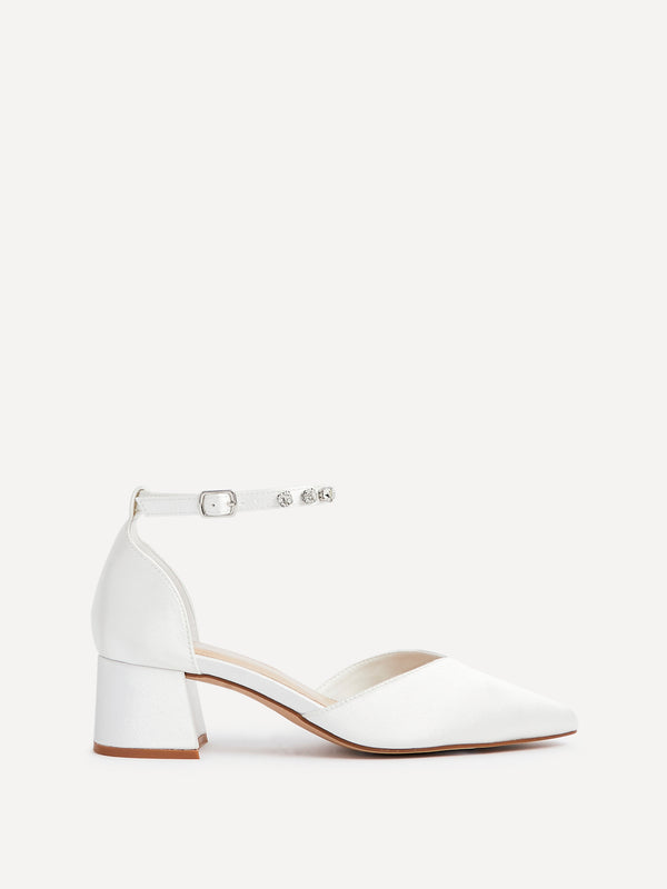 Linzi Bridal Ivory Satin Low Block Court Heel With Embellished Ankle Strap