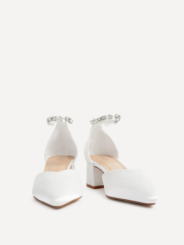 Linzi Bridal Ivory Satin Low Block Court Heel With Embellished Ankle Strap