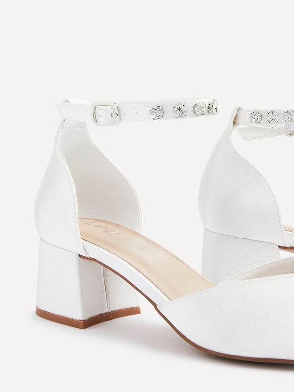 Linzi Bridal Ivory Satin Low Block Court Heel With Embellished Ankle Strap