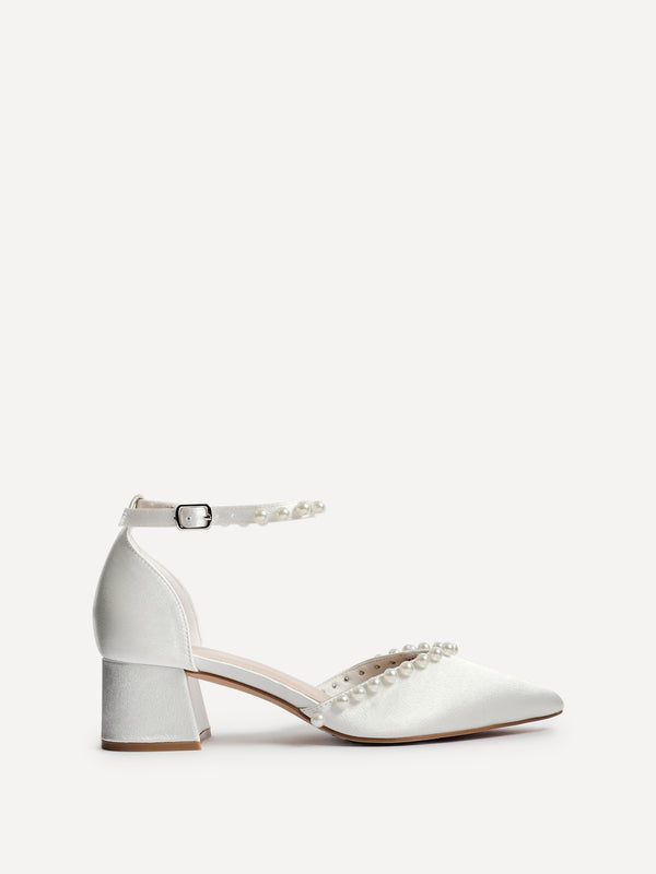 Linzi Bridal Ivory Satin Low Block Court Heels With Pearl Details