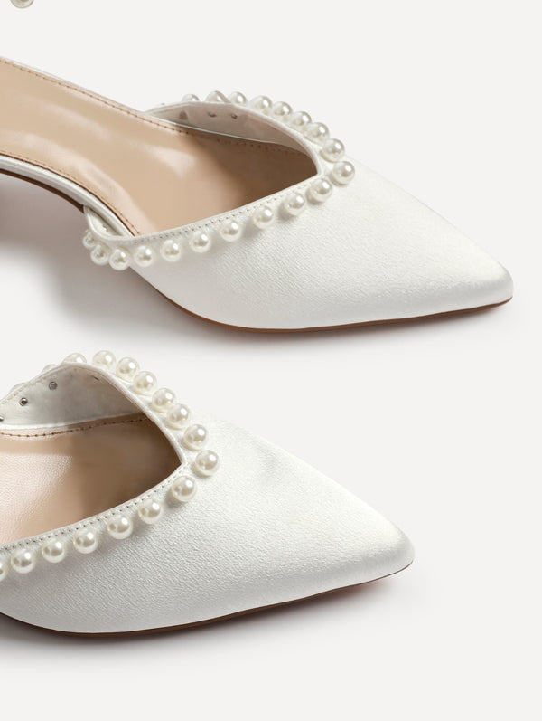 Linzi Bridal Ivory Satin Low Block Court Heels With Pearl Details