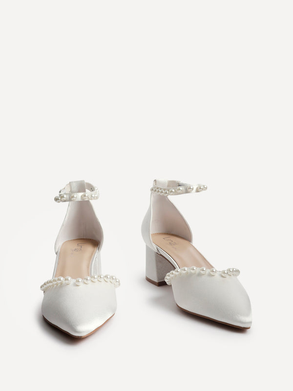 Linzi Bridal Ivory Satin Low Block Court Heels With Pearl Details