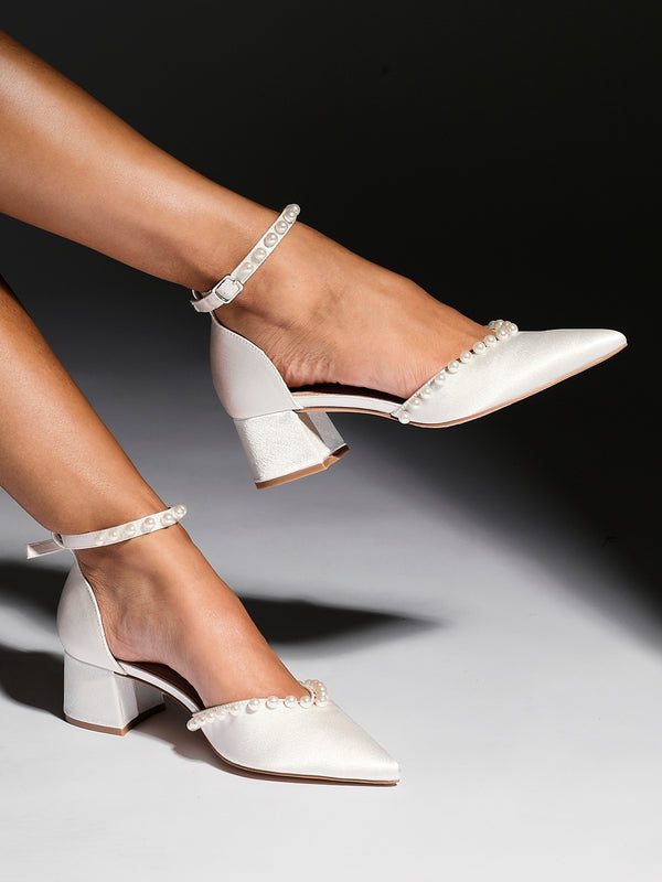 linzi Bridal Ivory Satin Low Block Court Heels With Pearl Details