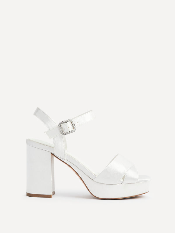 Linzi Bridal Ivory Satin Platform Heels With Diamante Buckle