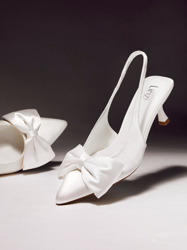 linzi Bridal Ivory Satin Slingback Court Heels With Bow Detail