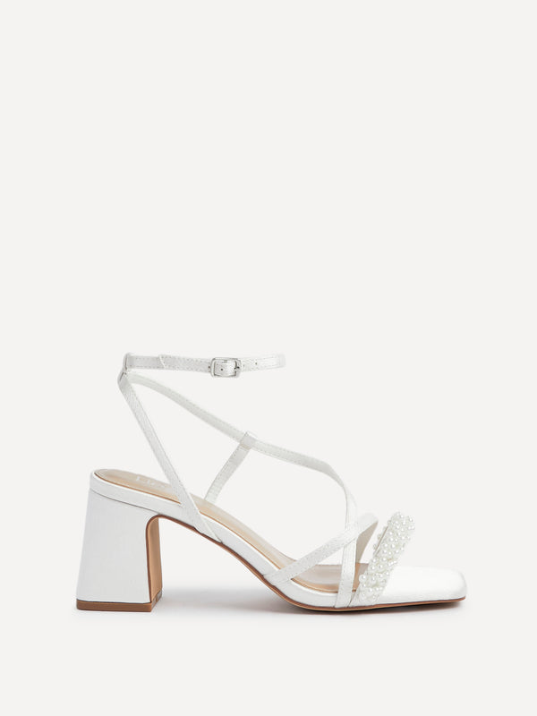 Linzi Bridal Ivory Satin Strappy Heeled Sandal With Embellished Pearl Strap