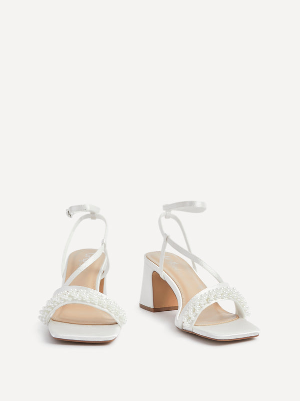 Linzi Bridal Ivory Satin Strappy Heeled Sandal With Embellished Pearl Strap