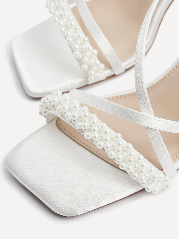 Linzi Bridal Ivory Satin Strappy Heeled Sandal With Embellished Pearl Strap