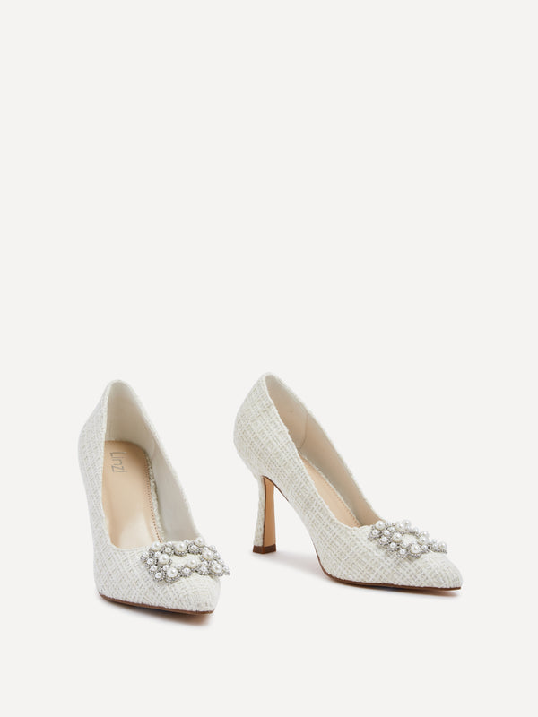 Linzi Bridal Ivory Tweed Pearl Trim Style Court Heel