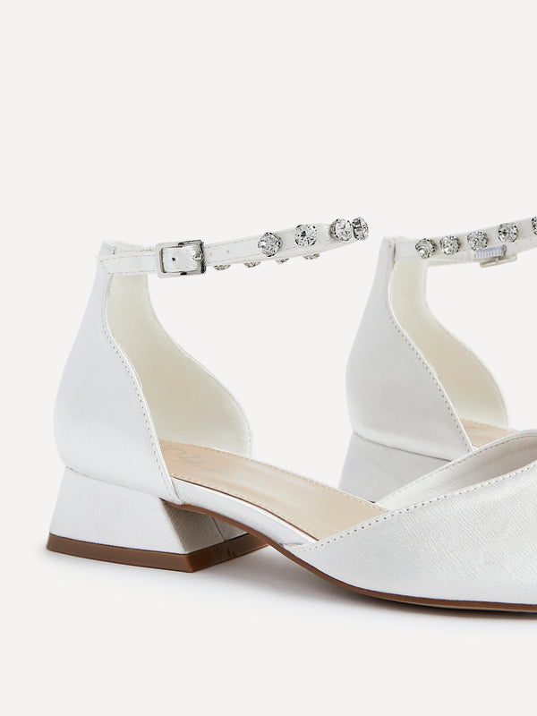 Linzi Bridal Wide Fit Ivory Satin Block Court Heel With Embellished Ankle Strap