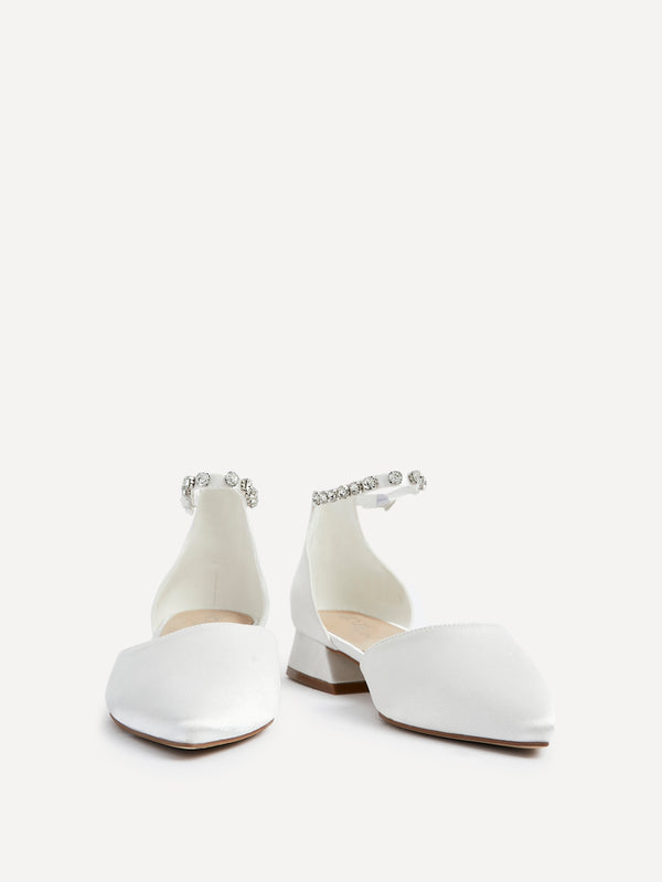 Linzi Bridal Wide Fit Ivory Satin Block Court Heel With Embellished Ankle Strap