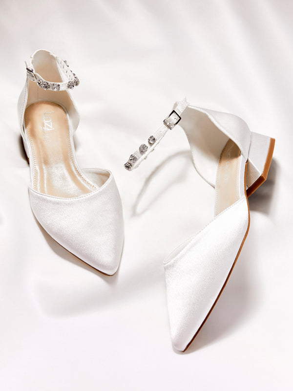 linzi Bridal Wide Fit Ivory Satin Block Court Heel With Embellished Ankle Strap
