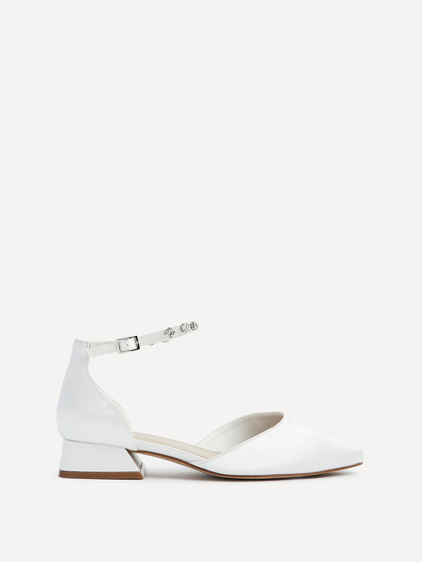 Linzi Bridal Wide Fit Ivory Satin Block Court Heel With Embellished Ankle Strap
