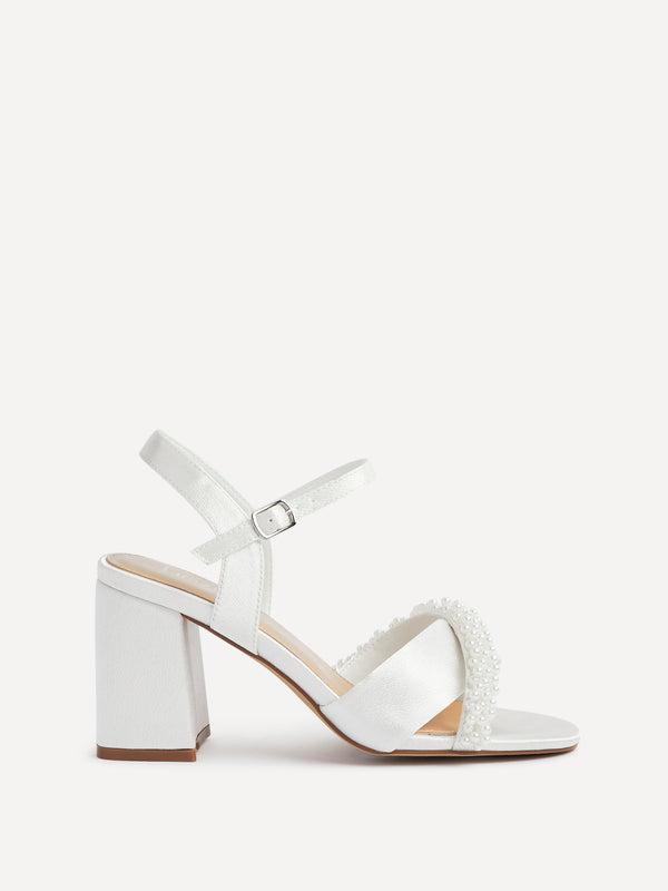 Linzi Bridal Wide Fit Ivory Satin Block Heel With Pearl Embellished Strap