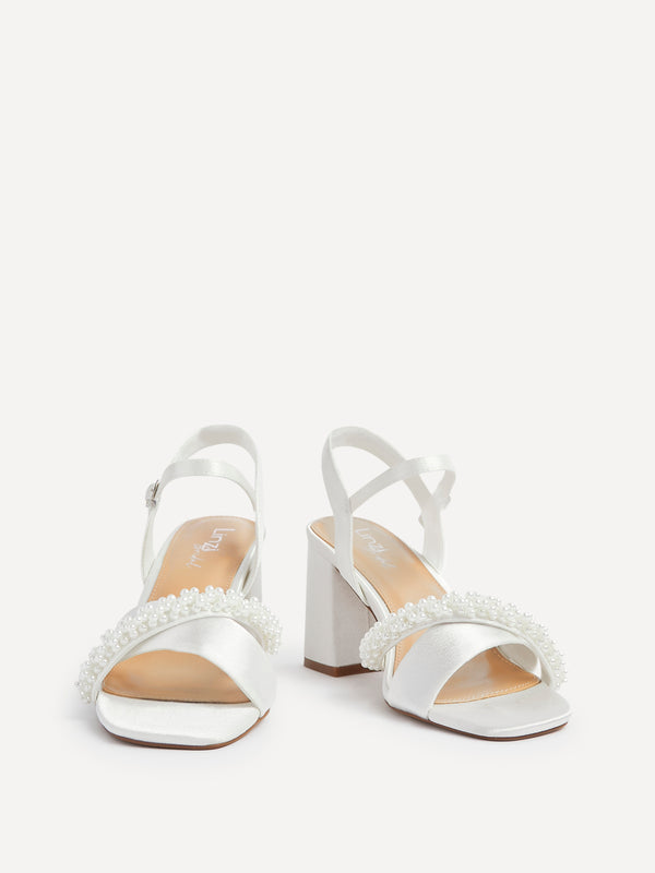 Linzi Bridal Wide Fit Ivory Satin Block Heel With Pearl Embellished Strap