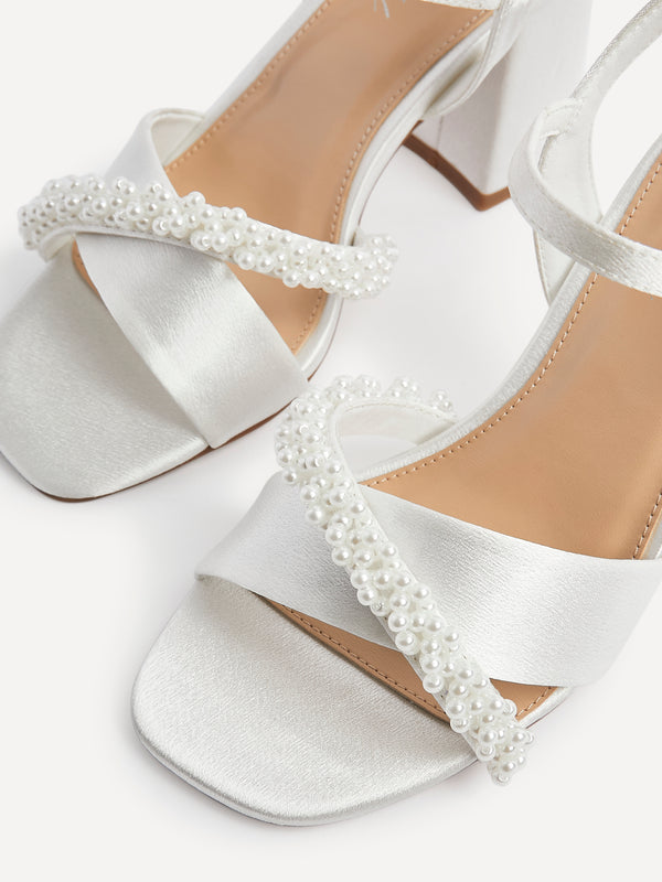 Linzi Bridal Wide Fit Ivory Satin Block Heel With Pearl Embellished Strap