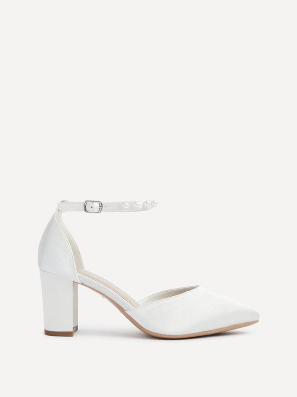 Linzi Bridal Wide Fit Ivory Satin Court Heel With Pearl Ankle Strap