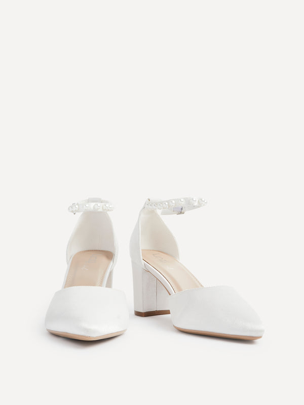 Linzi Bridal Wide Fit Ivory Satin Court Heel With Pearl Ankle Strap
