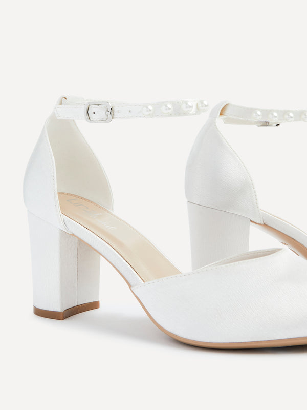 Linzi Bridal Wide Fit Ivory Satin Court Heel With Pearl Ankle Strap