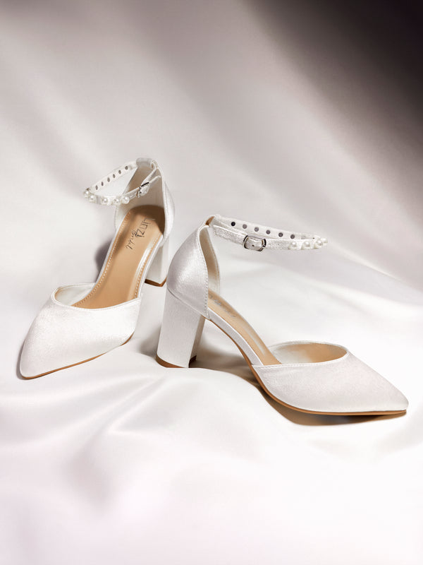 linzi Bridal Wide Fit Ivory Satin Court Heel With Pearl Ankle Strap