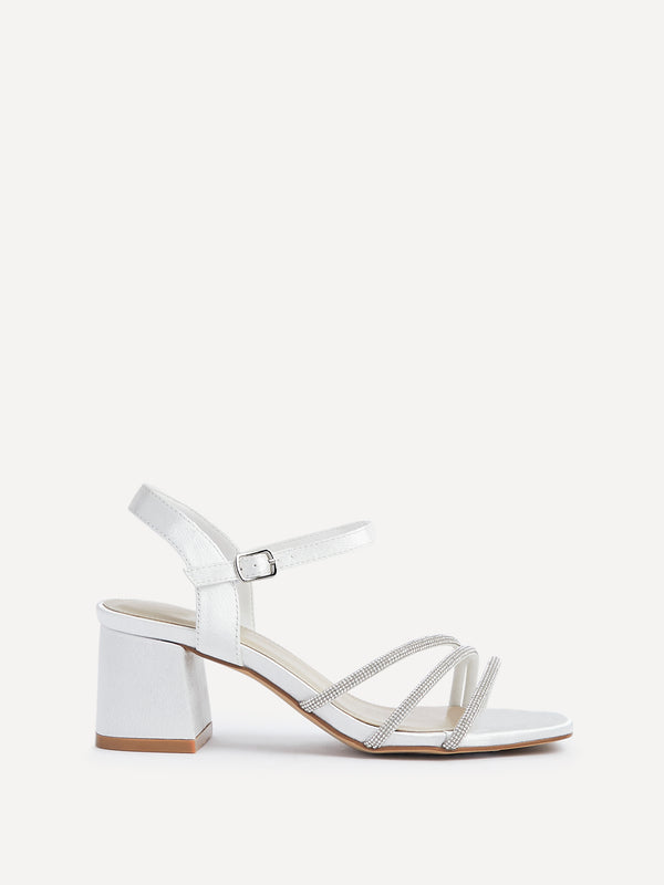 Linzi Bridal Wide Fit Ivory Satin Open Back Heel With Diamante Triple Front Strap