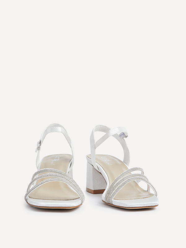 Linzi Bridal Wide Fit Ivory Satin Open Back Heel With Diamante Triple Front Strap