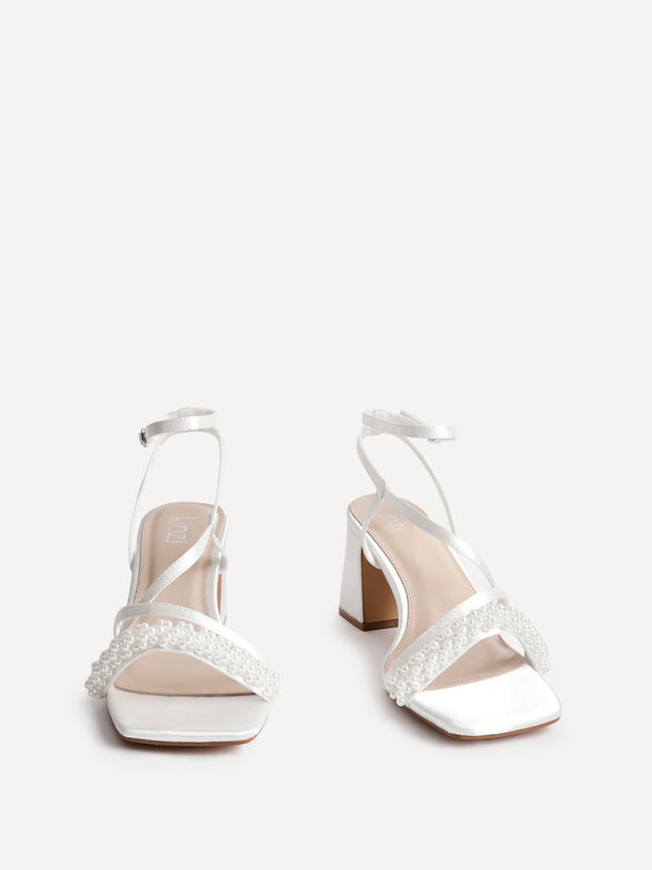Linzi Bridal Wide Fit Ivory Satin Strappy Pearl Embellished Heeled Sandal