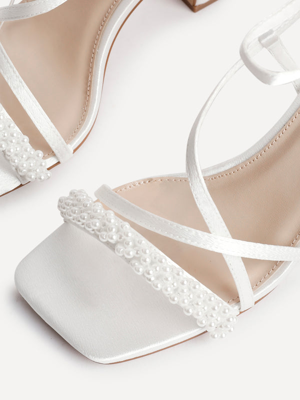 Linzi Bridal Wide Fit Ivory Satin Strappy Pearl Embellished Heeled Sandal