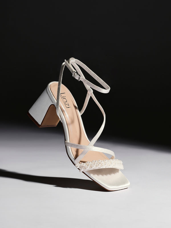 linzi Bridal Wide Fit Ivory Satin Strappy Pearl Embellished Heeled Sandal