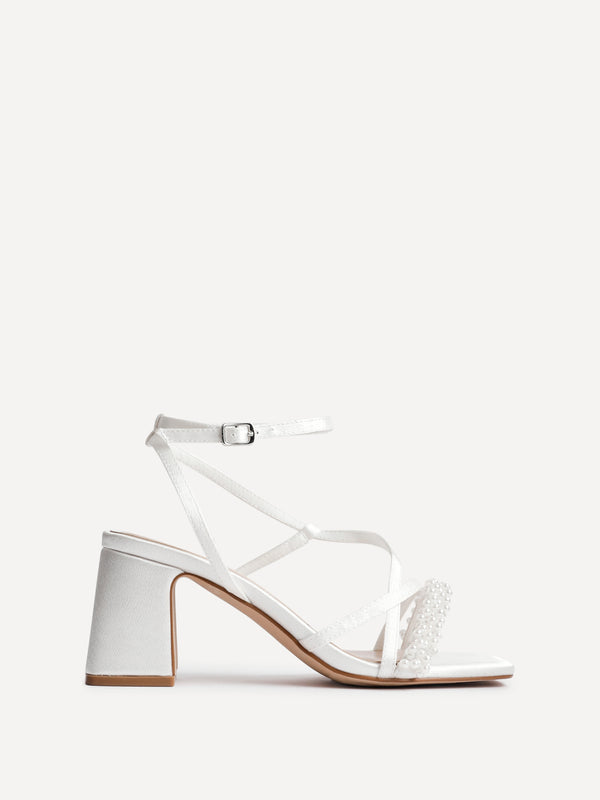 Linzi Bridal Wide Fit Ivory Satin Strappy Pearl Embellished Heeled Sandal